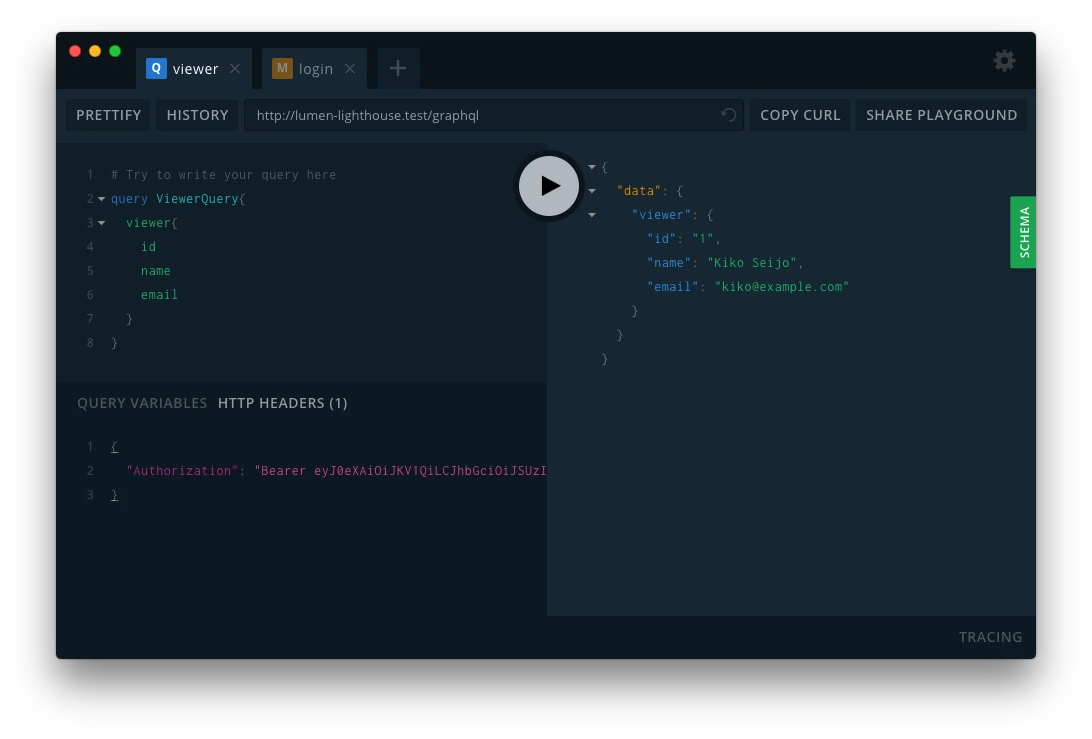 GraphQL viewer Query with a Laravel Passport bearer token using Lighthouse auth middleware